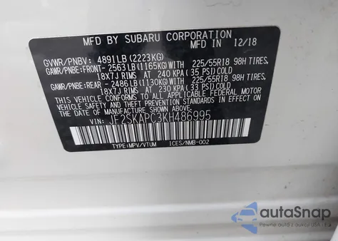 2019 Subaru Forester Sport from USA, damaged, VIN JF2SKAPC3KH486995